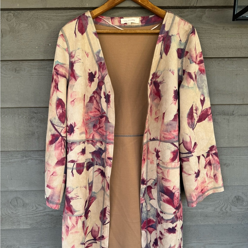 Solitaire Faux Suede Floral Long Cardigan -M